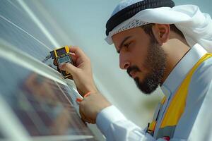 Arab male technician in traditional attire inspecting solar panels with a meter. photo