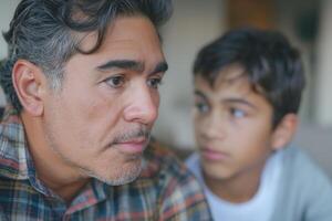 A close-up of a Hispanic father and his son in deep conversation, showcasing their emotional bond. photo