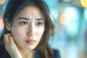 A young Asian woman with an expression of concern, set against a softly blurred background. photo