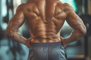 A muscular male athlete showcasing his defined back muscles in a gym setting. photo