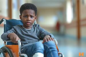 A young Black boy with a serious expression sits in a wheelchair in a hospital corridor, conveying a sense of uncertainty. photo