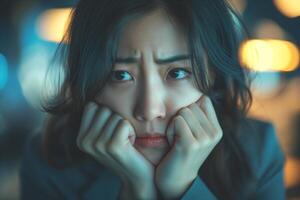 A concerned young Asian woman gazes thoughtfully with her hands supporting her face, reflecting deep contemplation amidst a soft, blurred backdrop. photo
