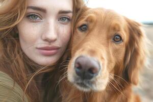 A close-up of a young woman with red hair and freckles, smiling next to her loyal golden retriever in a warm, natural setting. photo