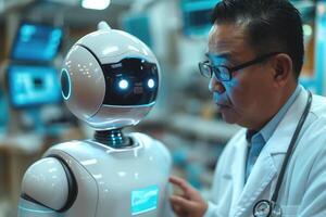 A focused male Asian doctor in a white lab coat interacting with a humanoid robot, showcasing the integration of technology in medicine. photo