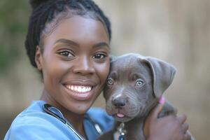A joyful Black female veterinarian smiles while holding an adorable gray puppy close to her heart. photo
