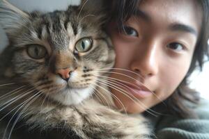 Portrait of a young Asian female with a fluffy tabby cat, showcasing their close bond in a cozy, warm setting. photo