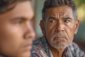 A contemplative older Hispanic man gazes thoughtfully, engaged in a deep conversation with a younger man in the background. photo