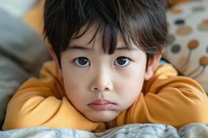 A young Asian boy with big, expressive eyes resting his chin on his hands, looking thoughtfully at the camera. photo