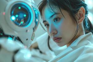 A focused Asian female scientist interacting with a futuristic robot in a well-lit lab. photo