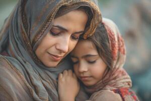 A tender moment between a Middle Eastern mother and her daughter, both embracing with love and warmth. photo
