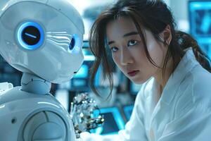 A young Asian woman examines a robot, showcasing the bond between humans and technology in a futuristic lab setting. photo
