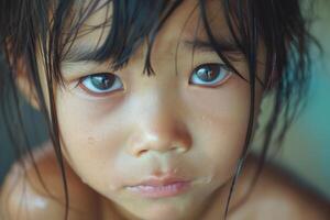 A close-up portrait of a young Asian girl with wet hair, conveying a sense of innocence and vulnerability. photo