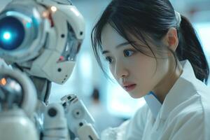Young Asian woman gazing intently at a humanoid robot in a modern laboratory setting. photo