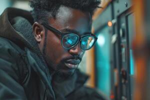 A focused young Black man in glasses works intently on a control panel, illuminated by soft blue lighting. photo