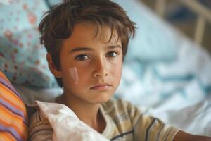 A young Caucasian boy with a bandage sits in a hospital bed, looking contemplative and resilient. photo