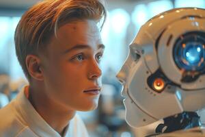 A young Caucasian male engages with an advanced humanoid robot, showcasing a moment of curiosity and connection. photo