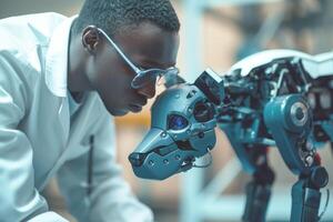 A male scientist from Africa examines a sophisticated robot dog, blending human ingenuity and cutting-edge technology. photo