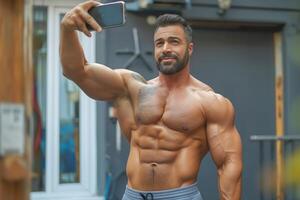 A muscular man of Mediterranean descent takes a selfie in a gym setting, showcasing his impressive physique and confident smile. photo