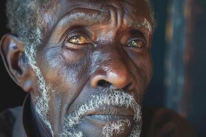 Close-up portrait of an elderly Black man, showcasing deep expressive lines and heartfelt wisdom in his eyes. photo