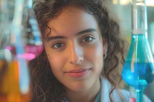 A young Middle-Eastern woman with curly hair smiles between colorful laboratory flasks filled with vibrant liquids. photo
