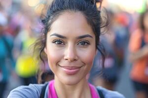 Cheerful young woman smiling at the camera, vibrant atmosphere of a marathon event. photo