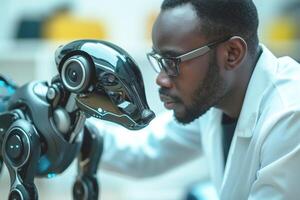 A focused Black male researcher examines a sleek robotic dog, showcasing the fusion of technology and innovation in robotics. photo