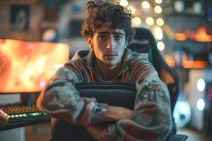 A young Middle-Eastern male gamer with curly hair looks contemplative in a cozy gaming setup, illuminated by soft ambient lights. photo