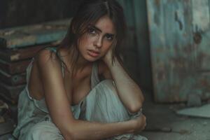 un joven latina mujer sentado en el piso, expresando vulnerabilidad en un polvoriento, abandonado ajuste. foto