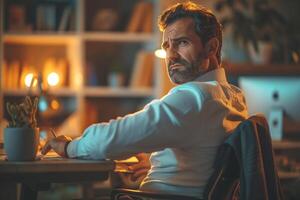 A middle-aged Caucasian man with a beard, deep in thought in a dimly lit office environment. photo