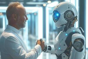 A man with grey hair interacts with a humanoid robot, showcasing a bond between technology and humanity. photo