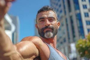 Confident Middle-Eastern man with a beard taking a selfie in an urban environment, showcasing his muscular physique against a clear blue sky. photo