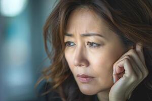 Thoughtful Asian woman gazes into the distance, reflecting on her ideas with a contemplative expression and softly illuminated features. photo