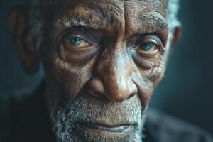 Close-up portrait of an elderly Black man with deep-set eyes and a wise expression. photo