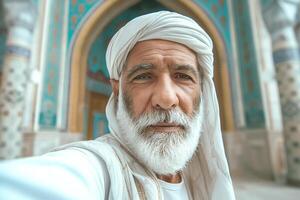 A middle-aged Middle Eastern man with a white beard and traditional attire smiles warmly in front of an intricately designed building. photo