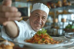 Elderly male chef smiling while presenting a delicious plate of pasta, showcasing his culinary skills and passion. photo
