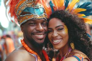 A joyful Black couple in vibrant carnival attire, adorned with feathers and body paint, celebrating together at a festive event. photo