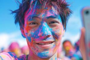Smiling young Asian man covered in colorful powder at a vibrant festival. photo