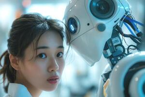 A young Asian woman stands close to a humanoid robot, both gazing forward, showcasing a blend of humanity and technology. photo