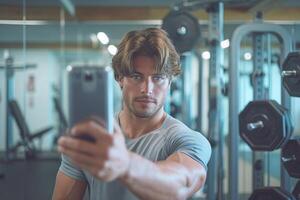 A muscular Caucasian man taking a selfie in a gym, showcasing his fitness journey and dedication. photo