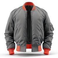 Stylish gray bomber jacket with orange accents and multiple pockets, perfect for casual wear. photo