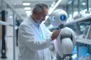 A middle-aged Caucasian man in a lab coat interacts with a friendly humanoid robot, showcasing the bond between technology and humanity. photo