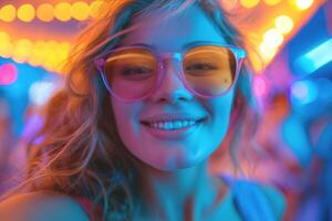 A smiling young woman with curly hair and colorful oversized glasses enjoys a festive atmosphere filled with vibrant neon lights. photo