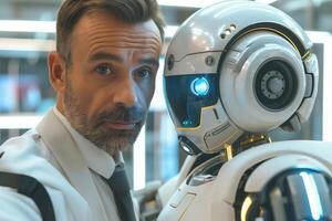 A middle-aged Caucasian man in a suit poses next to a futuristic humanoid robot, showcasing a blend of human and technology. photo