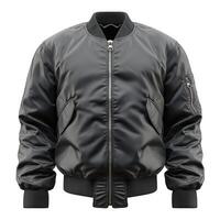 Stylish black bomber jacket with a sleek design, perfect for a casual yet trendy look. photo