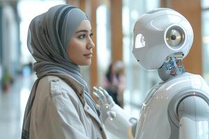 A young Muslim woman in a hijab interacts with a humanoid robot, showcasing a blend of human compassion and advanced technology. photo