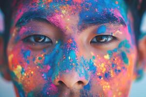 Close-up of a young Asian male with vibrant, colorful face paint, showcasing creativity and artistic expression. photo
