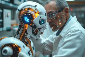A male scientist examines a humanoid robot, showcasing a blend of technology and humanity. photo