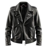 Stylish black leather biker jacket with silver zippers and a classic design, perfect for a bold and edgy look. photo