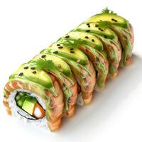 A vibrant sushi roll featuring fresh salmon, creamy avocado, and drizzled with a savory sauce. photo