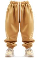 Stylish beige sweatpants with a relaxed fit, paired with trendy sneakers, showcasing a comfortable urban look. photo